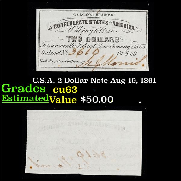 C.S.A. 2 Dollar Note Aug 19, 1861 Grades Select CU