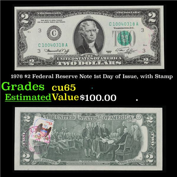 1976 $2 Federal Reserve Note 1st Day of Issue, with Stamp Grades Gem CU