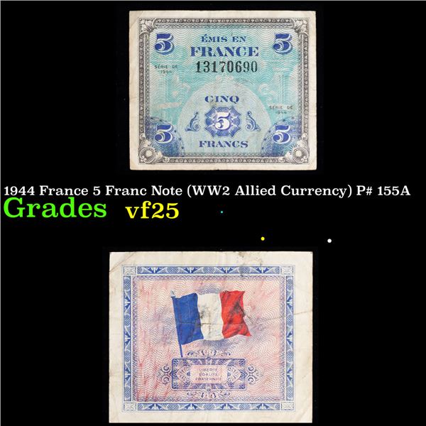 1944 France 5 Franc Note (WW2 Allied Currency) P# 155A Grades vf+