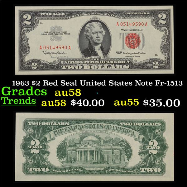 1963 $2 Red Seal United States Note Fr-1513 Grades Choice AU/BU Slider