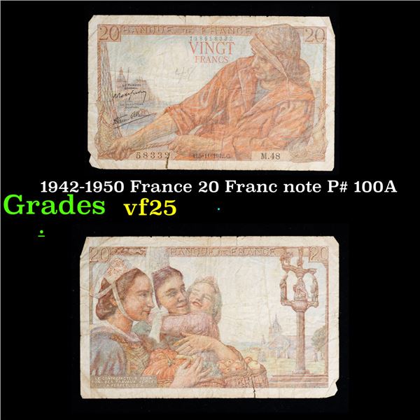 1942-1950 France 20 Franc note P# 100A Grades vf+