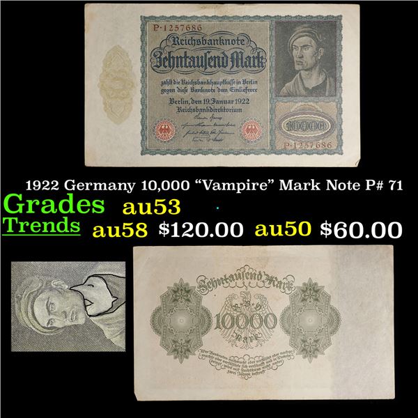 1922 Germany 10,000 "Vampire" Mark Note P# 71 Grades Select AU
