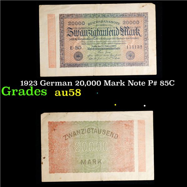 1923 German 20,000 Mark Note P# 85C Grades Choice AU/BU Slider