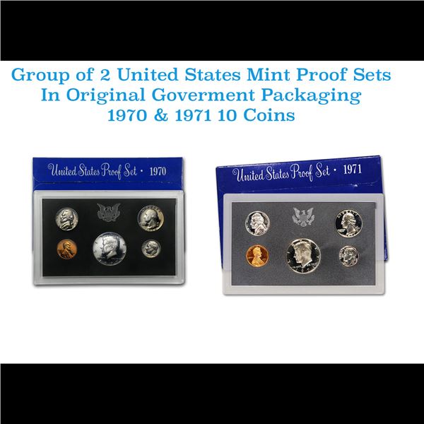 Group of 2 United States Mint Proof Sets 1970-1971. Contains 1970 Kennedy Half Dollar was struck in 