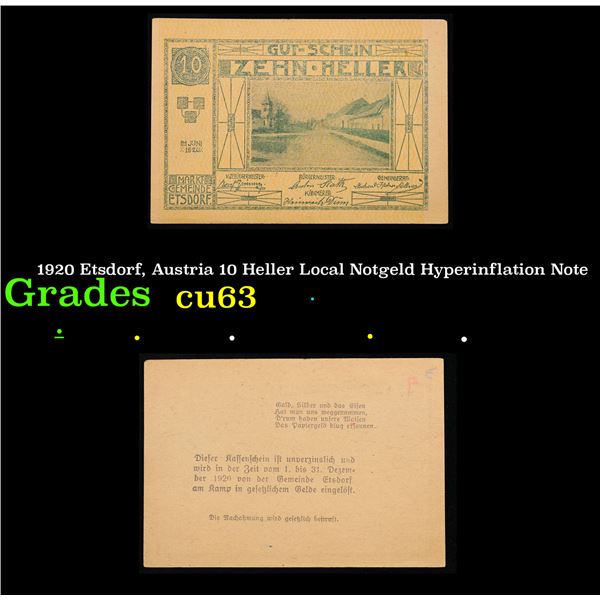 1920 Etsdorf, Austria 10 Heller Local Notgeld Hyperinflation Note Grades Select CU