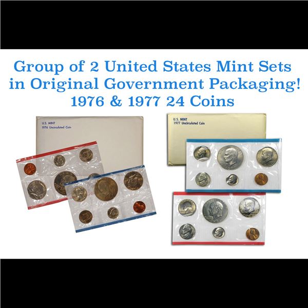 Group Of 2 United States Mint Set In Original Government Packaging! From 1976-1977 With 24 Coins