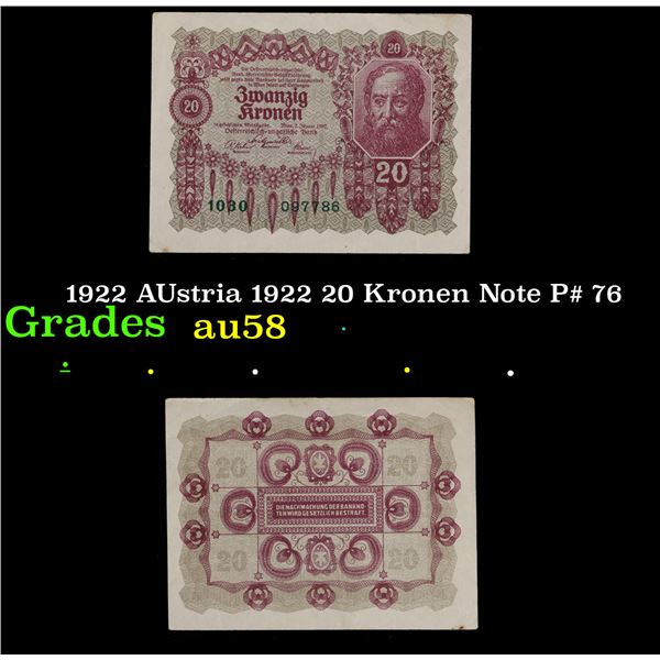 1922 AUstria 1922 20 Kronen Note P# 76 Grades Choice AU/BU Slider