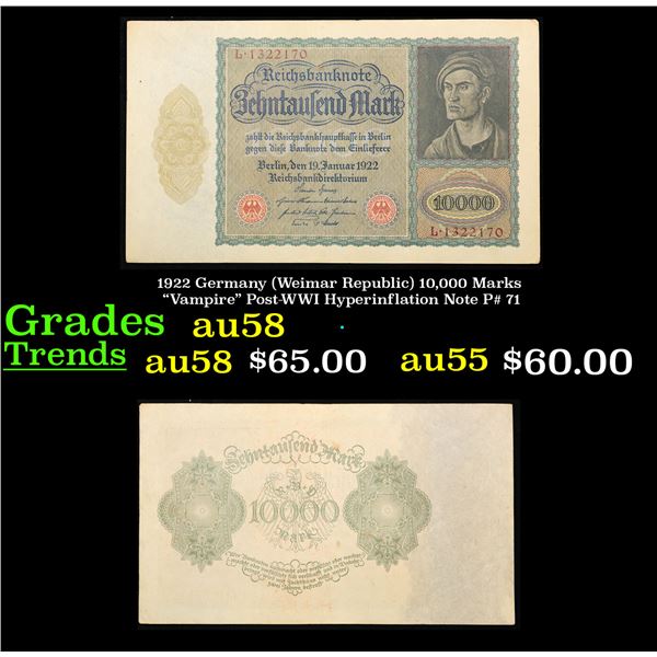 1922 Germany (Weimar Republic) 10,000 Marks "Vampire" Post-WWI Hyperinflation Note P# 71 Grades Choi