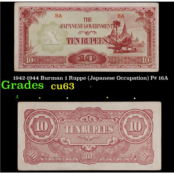 1942-1944 Burman 1 Ruppe (Japanese Occupation) P# 16A Grades Select CU