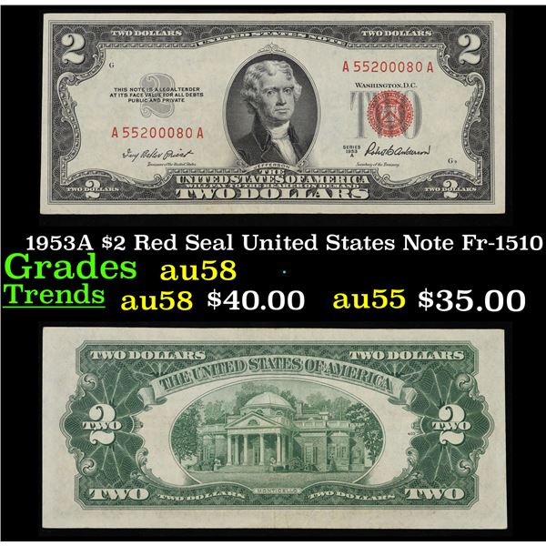 1953A $2 Red Seal United States Note Fr-1510 Grades Choice AU/BU Slider