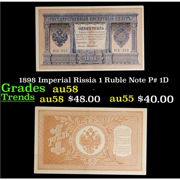 1898 Imperial Rissia 1 Ruble Note P# 1D Grades Choice AU/BU Slider