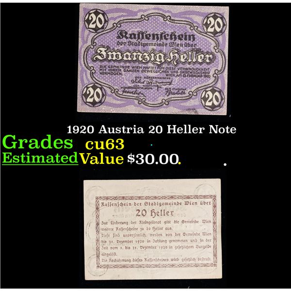 1920 Austria 20 Heller Note Grades Select CU