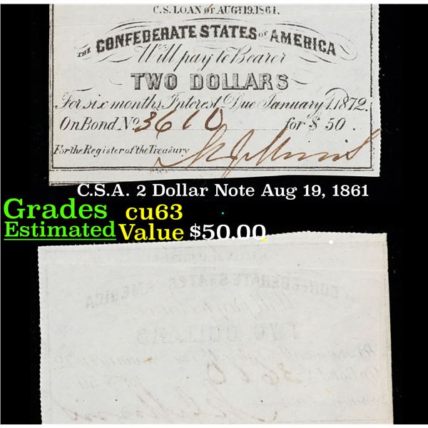 C.S.A. 2 Dollar Note Aug 19, 1861 Grades Select CU