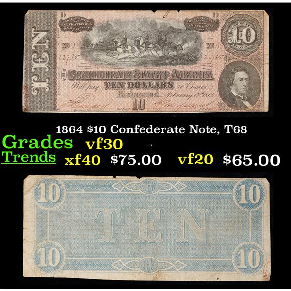 1864 $10 Confederate Note, T68 Grades vf++