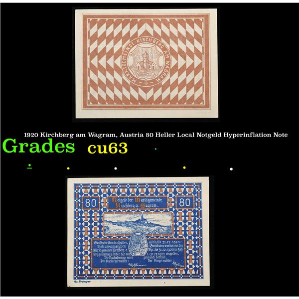 1920 Kirchberg am Wagram, Austria 80 Heller Local Notgeld Hyperinflation Note Grades Select CU