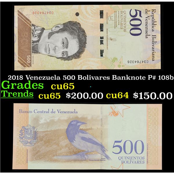 2018 Venezuela 500 Bolivares Banknote P# 108b Grades Gem CU