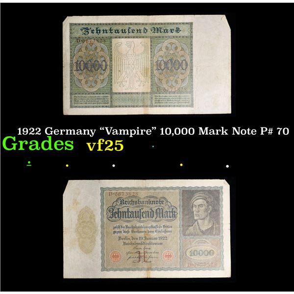 1922 Germany "Vampire" 10,000 Mark Note P# 70 Grades vf+