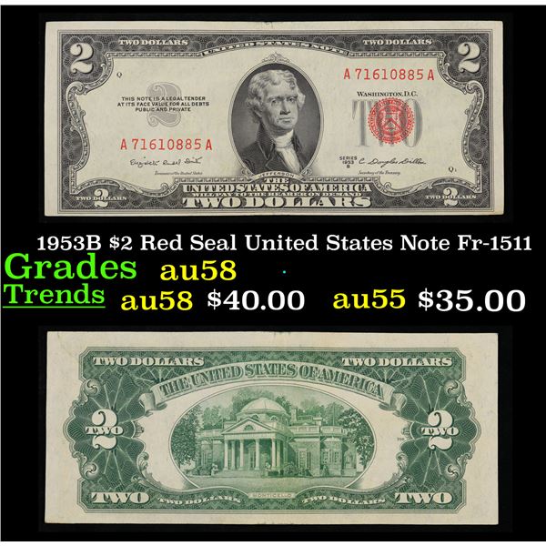 1953B $2 Red Seal United States Note Fr-1511 Grades Choice AU/BU Slider
