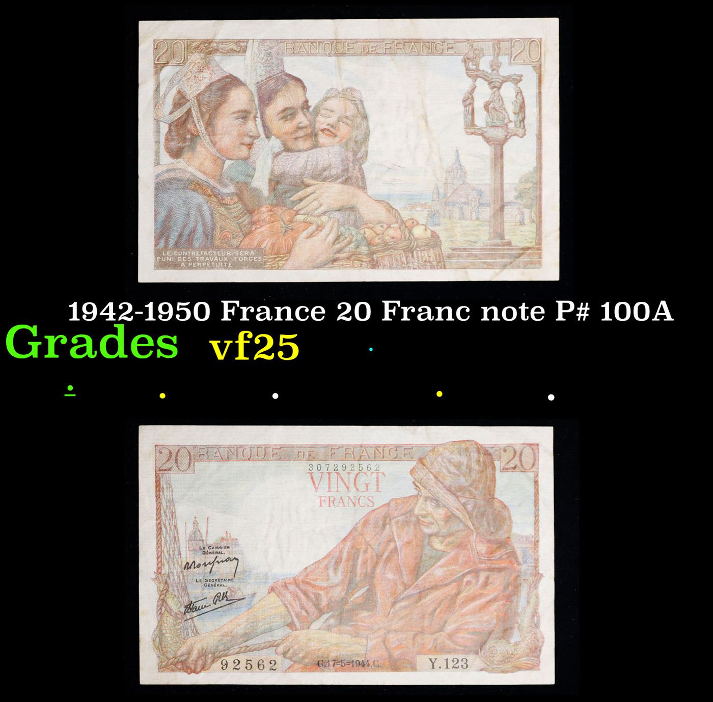 1942-1950 France 20 Franc note P# 100A Grades vf+