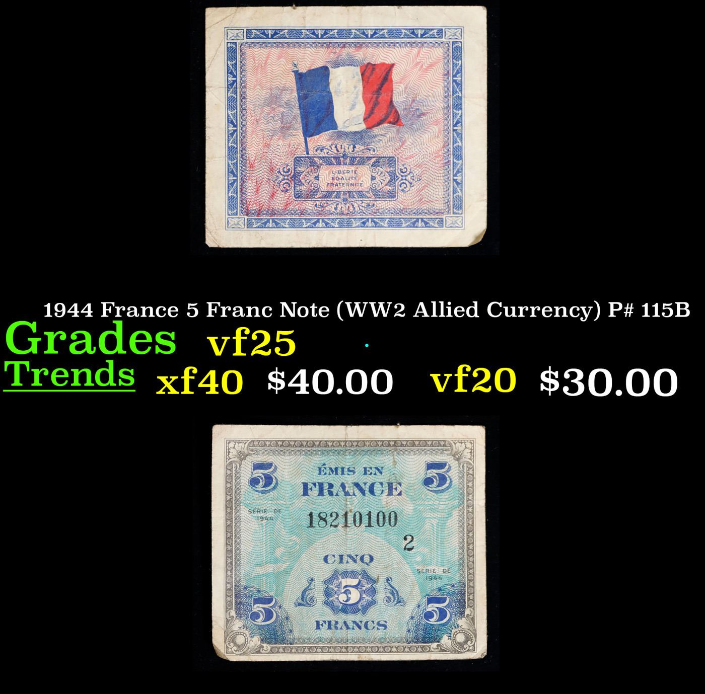 Frank Note 1944 France 5 Franc Note (WW2 Allied Currency) P# 115B Grades vf+