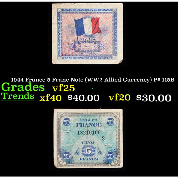1944 France 5 Franc Note (WW2 Allied Currency) P# 115B Grades vf+