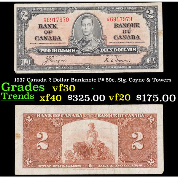 1937 Canada 2 Dollar Banknote P# 59c, Sig. Coyne & Towers Grades vf++