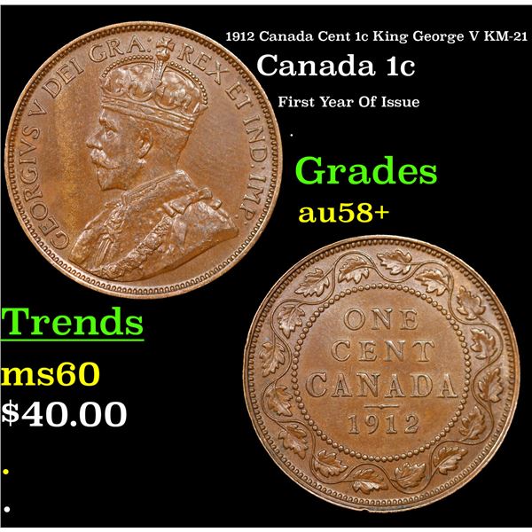 1912 Canada Cent 1c King George V KM-21 Grades Choice AU/BU Slider+