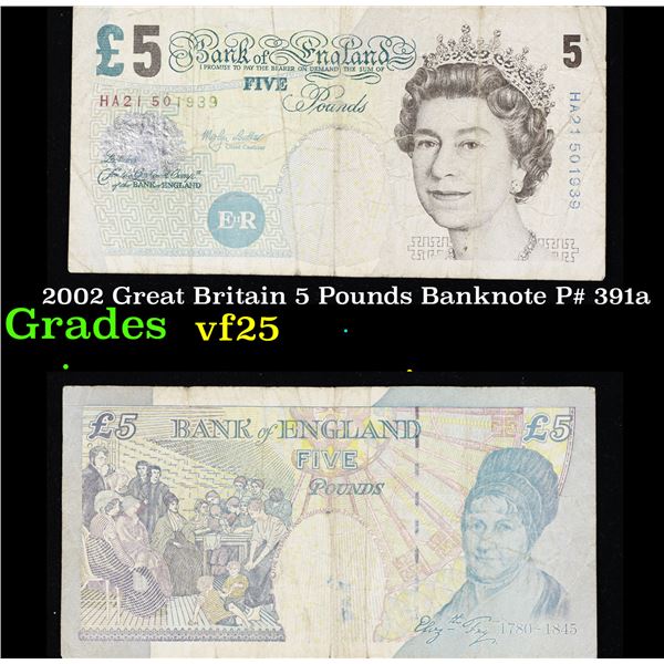 2002 Great Britain 5 Pounds Banknote P# 391a Grades vf+