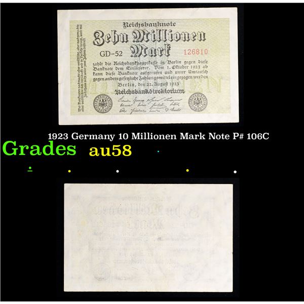 1923 Germany 10 Millionen Mark Note P# 106C Grades Choice AU/BU Slider