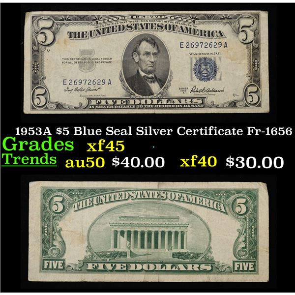 1953A $5 Blue Seal Silver Certificate Fr-1656 Grades xf+