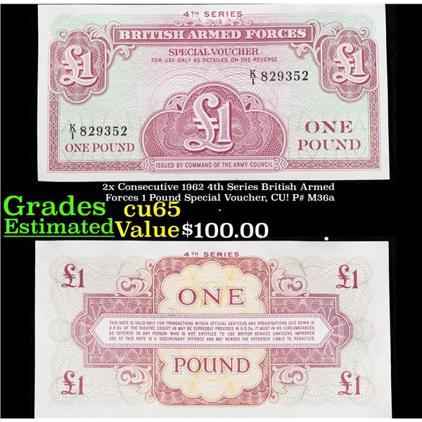 2x Consecutive 1962 4th Series British Armed Forces 1 Pound Special Voucher, CU! P# M36a Grades Gem 