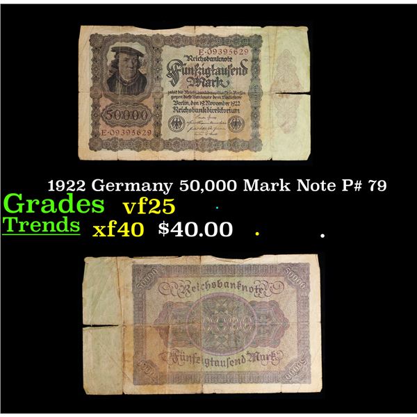 1922 Germany 50,000 Mark Note P# 79 Grades vf+