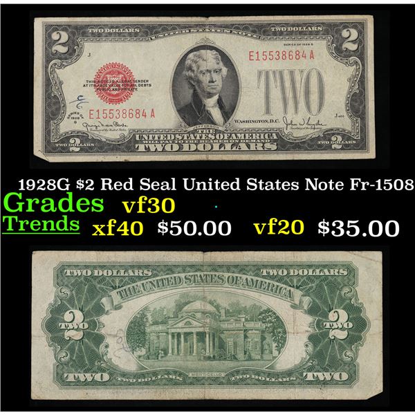 1928G $2 Red Seal United States Note Fr-1508 Grades vf++