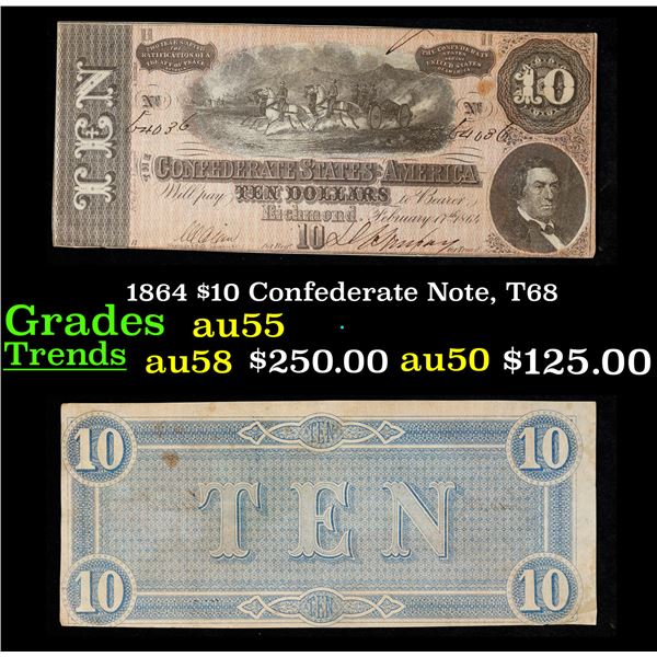 1864 $10 Confederate Note, T68 Grades Choice AU