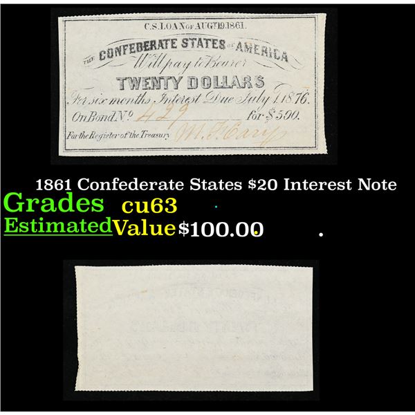 1861 Confederate States $20 Interest Note Grades Select CU
