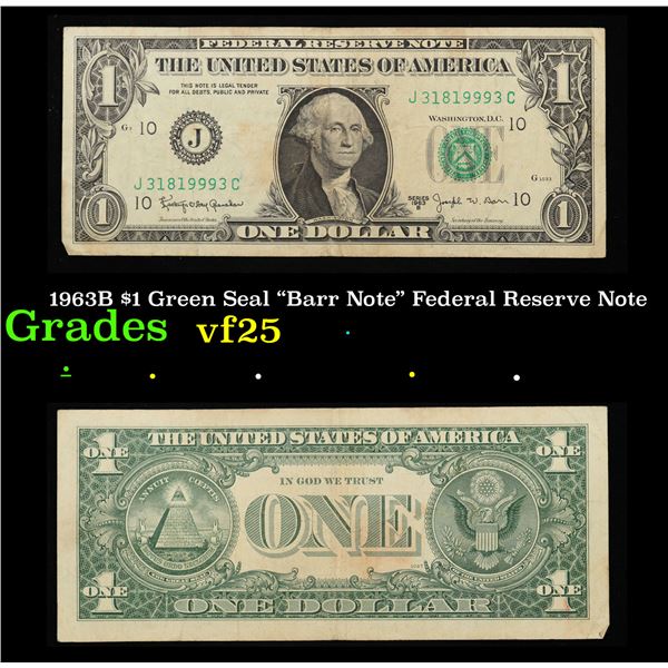 1963B $1 Green Seal "Barr Note" Federal Reserve Note Grades vf+