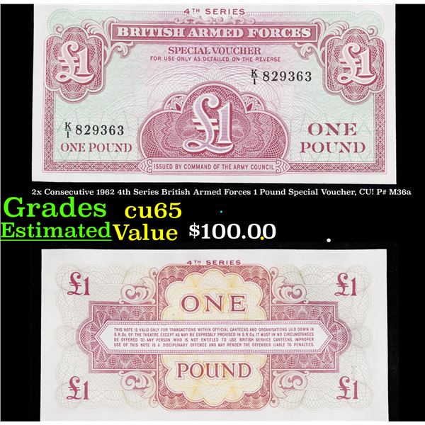 2x Consecutive 1962 4th Series British Armed Forces 1 Pound Special Voucher, CU! P# M36a Grades Gem 