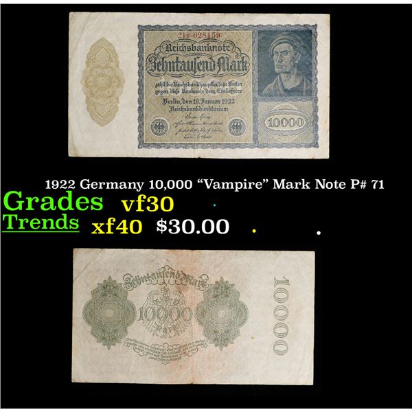 1922 Germany 10,000 "Vampire" Mark Note P# 71 Grades vf++