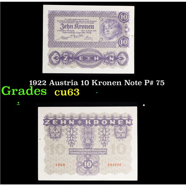 1922 Austria 10 Kronen Note P# 75 Grades Select CU