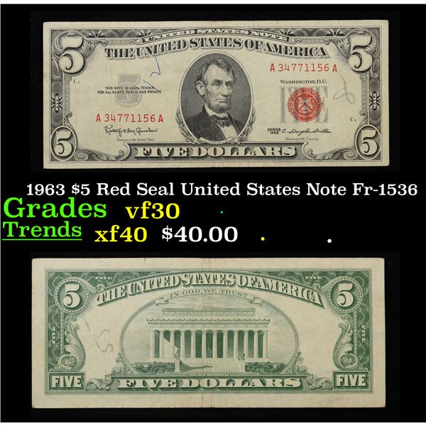 1963 $5 Red Seal United States Note Fr-1536 Grades vf++
