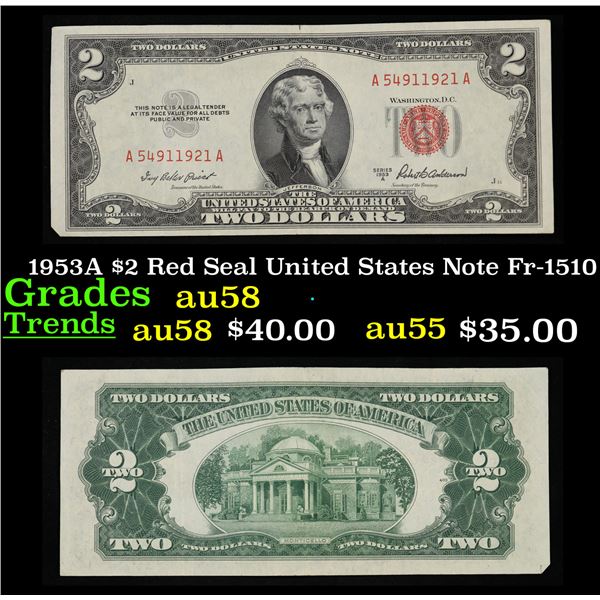 1953A $2 Red Seal United States Note Fr-1510 Grades Choice AU/BU Slider