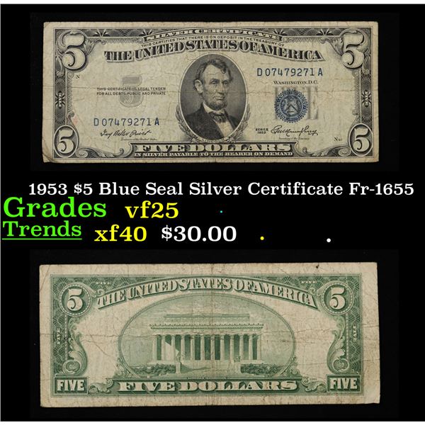 1953 $5 Blue Seal Silver Certificate Fr-1655 Grades vf+