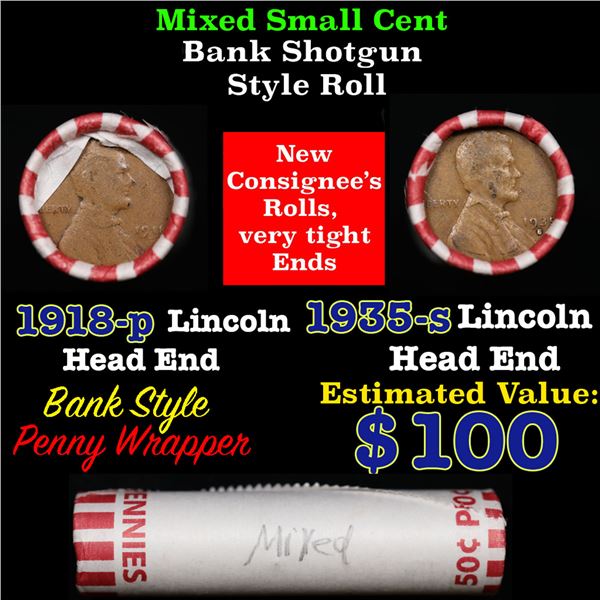 Mixed small cents 1c orig shotgun roll, 1935-s Lincoln Wheat Cent Cent end, 1918-p Lincoln Wheat Cen