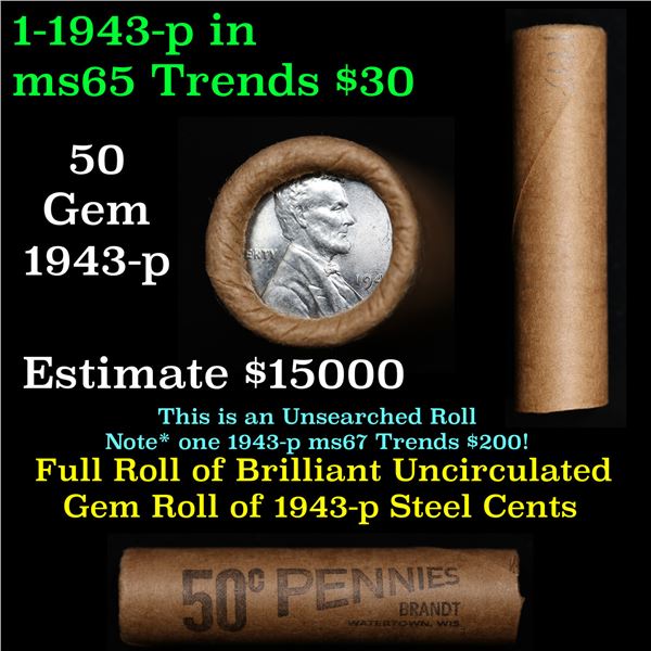 Shotgun Lincoln 1c roll, 1943-p Steel Cents, 50 pcs Bank Wrapper.