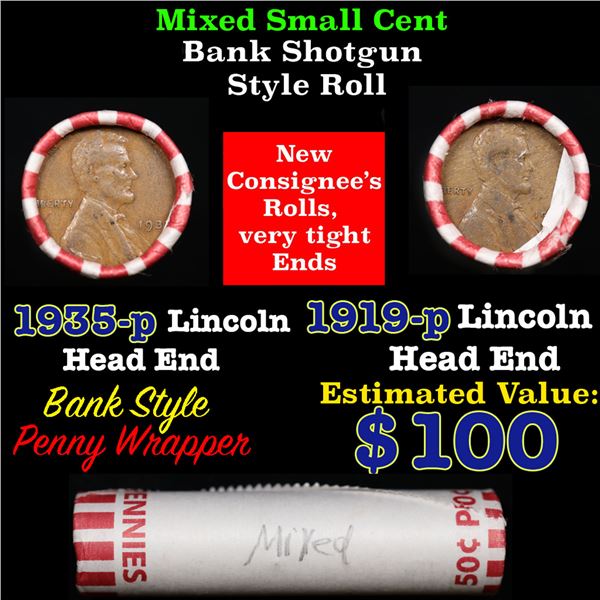 Mixed small cents 1c orig shotgun roll, 1935-p Lincoln Wheat Cent end, 1919-p Lincoln Wheat Cent oth