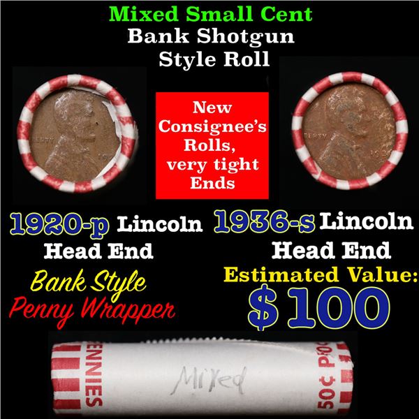 Mixed small cents 1c orig shotgun roll, 1920-p Lincoln Cent, 1936-s Lincoln Cent other end, Bank Wra