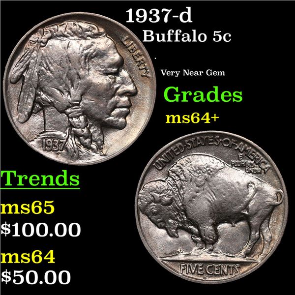 1937-d Buffalo Nickel 5c Grades Choice+ Unc