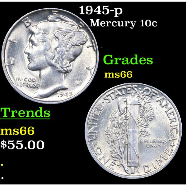 1945-p Mercury Dime 10c Grades GEM+ Unc