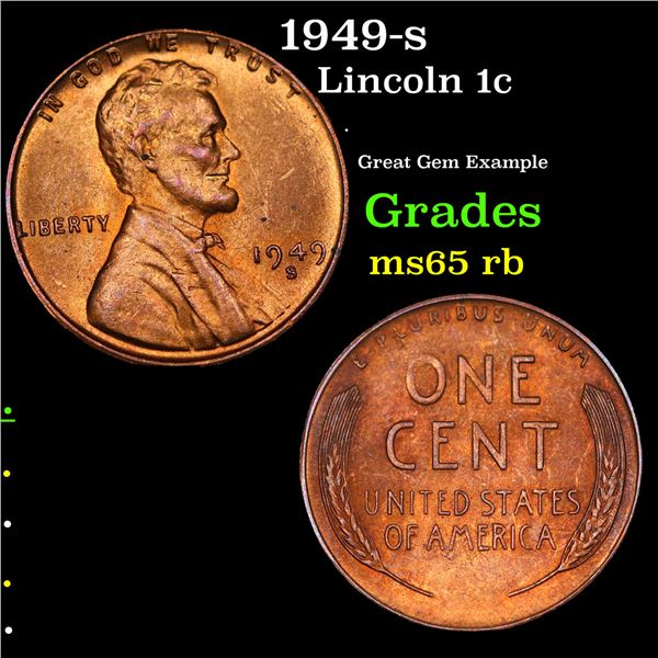 1949-s Lincoln Cent 1c Grades GEM Unc RB