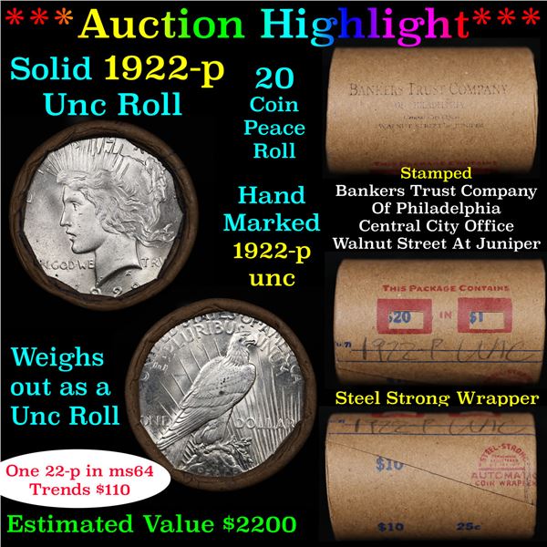 ***Auction Highlight*** Full solid date 1922-p Uncirculated Peace silver dollar roll, 20 coins (fc)